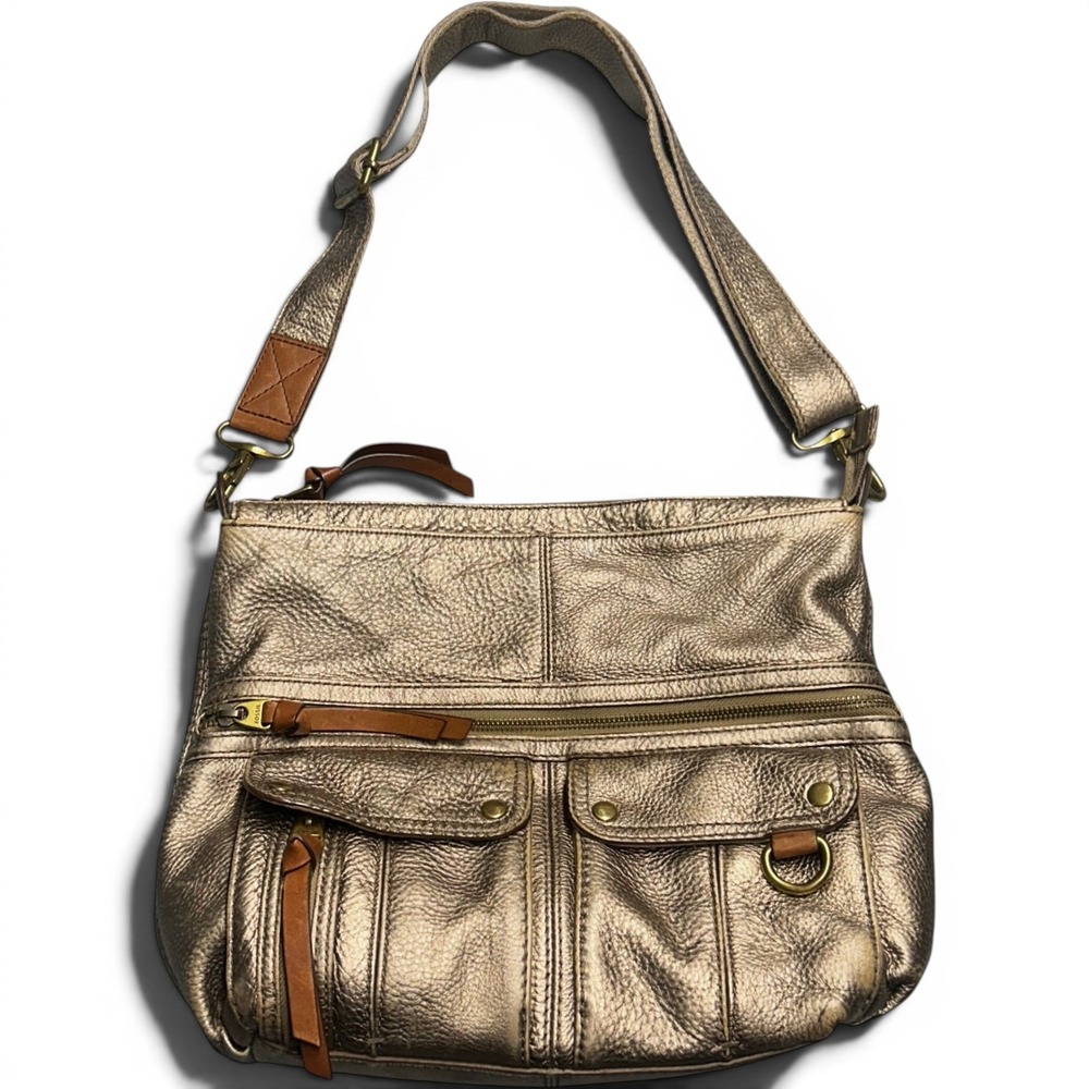 Fossil Crossbody Bag Metallic Bronze Gold Leather Womens Medium Multi-Pocket